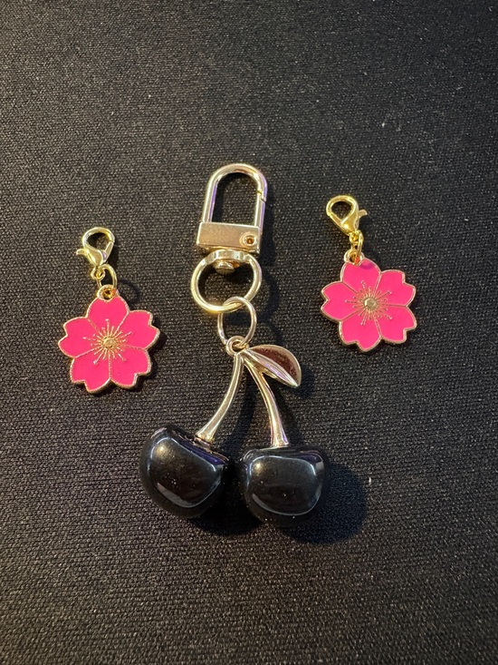 Accessories - Gold Cherry Keychain with Pink Flower Charms